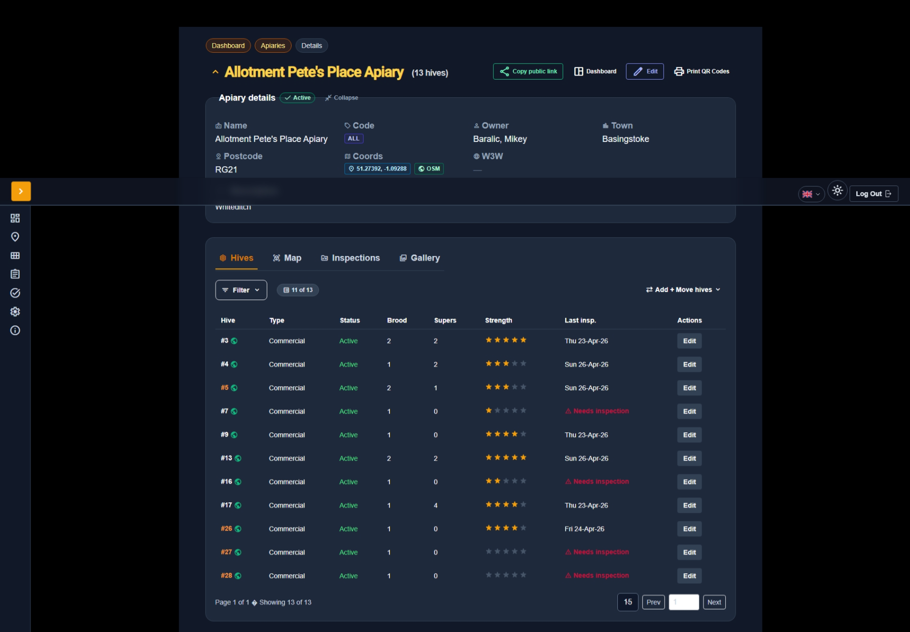 HiveLogger dashboard on desktop