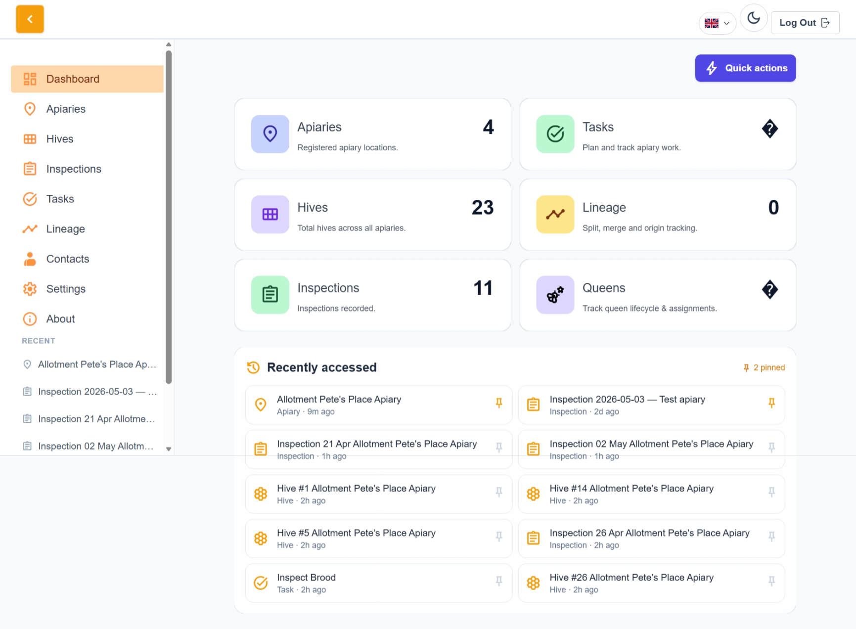 HiveLogger dashboard with apiary, hive, inspection and queen tiles plus a recently-accessed feed