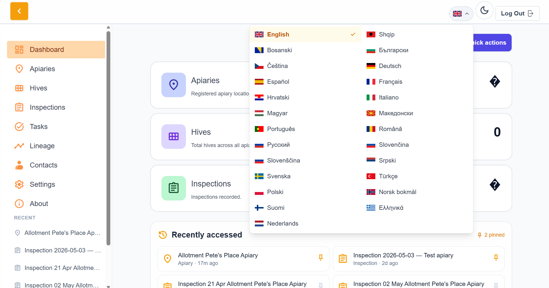 HiveLogger language switcher showing all 25 supported languages